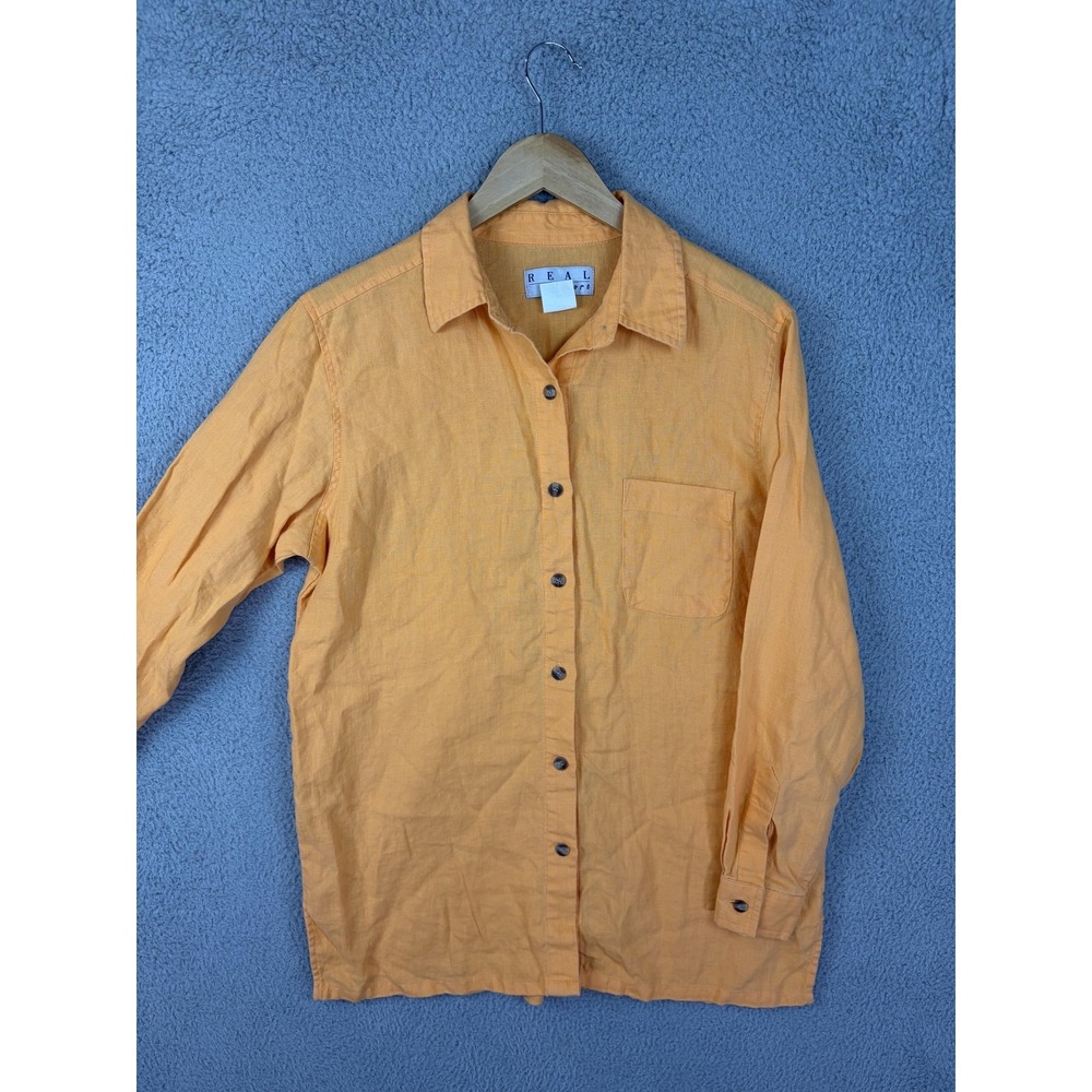 REAL Comfort Shirt Womens Small Orange 100% Linen Button Front Casual Blouse Men